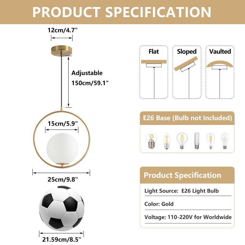 KCO Modern Gold Globe Pendant Light 1-Light Single White Glass Kitchen Island Pendant Lighting Fixture Mid Century Adjustable Chandelier for Living Room Dining Room (9.8â€-Small) - Image 2